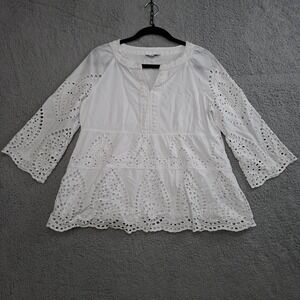 John Mark Women's Blouse S White Eyelet Lace Long Sleeve Cotton Pull Over Lined